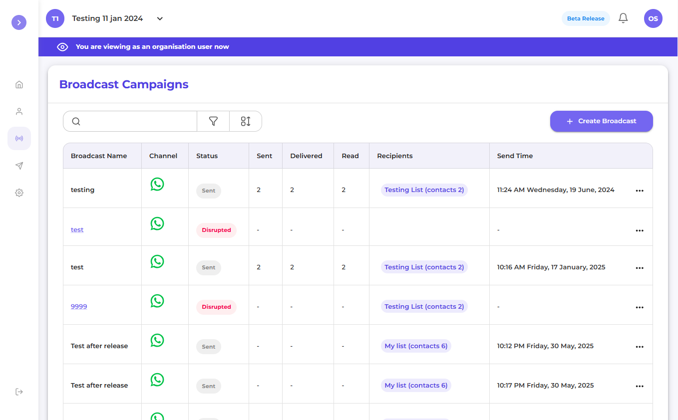 Broadcast Campaigns page for Engages AI client
